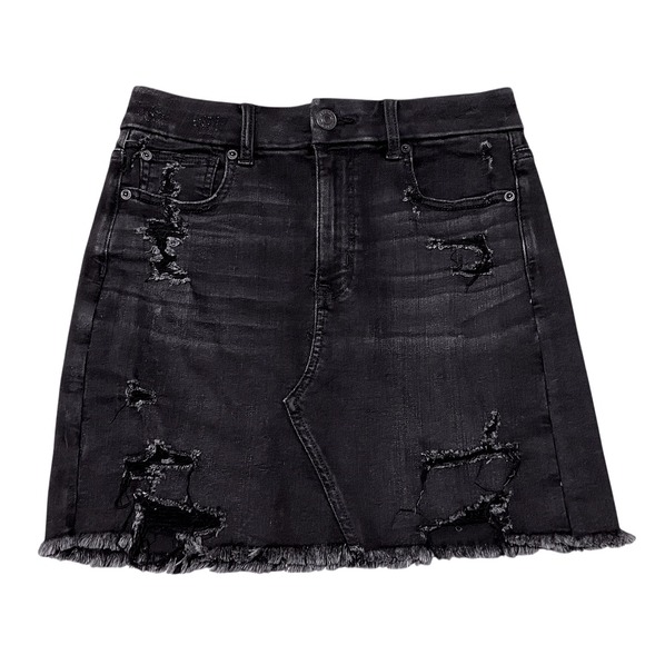American Eagle By Payless Dresses & Skirts - American‎ Eagle Denim Mini Skirt Distressed Black Wash Frayed Hem Size 8
